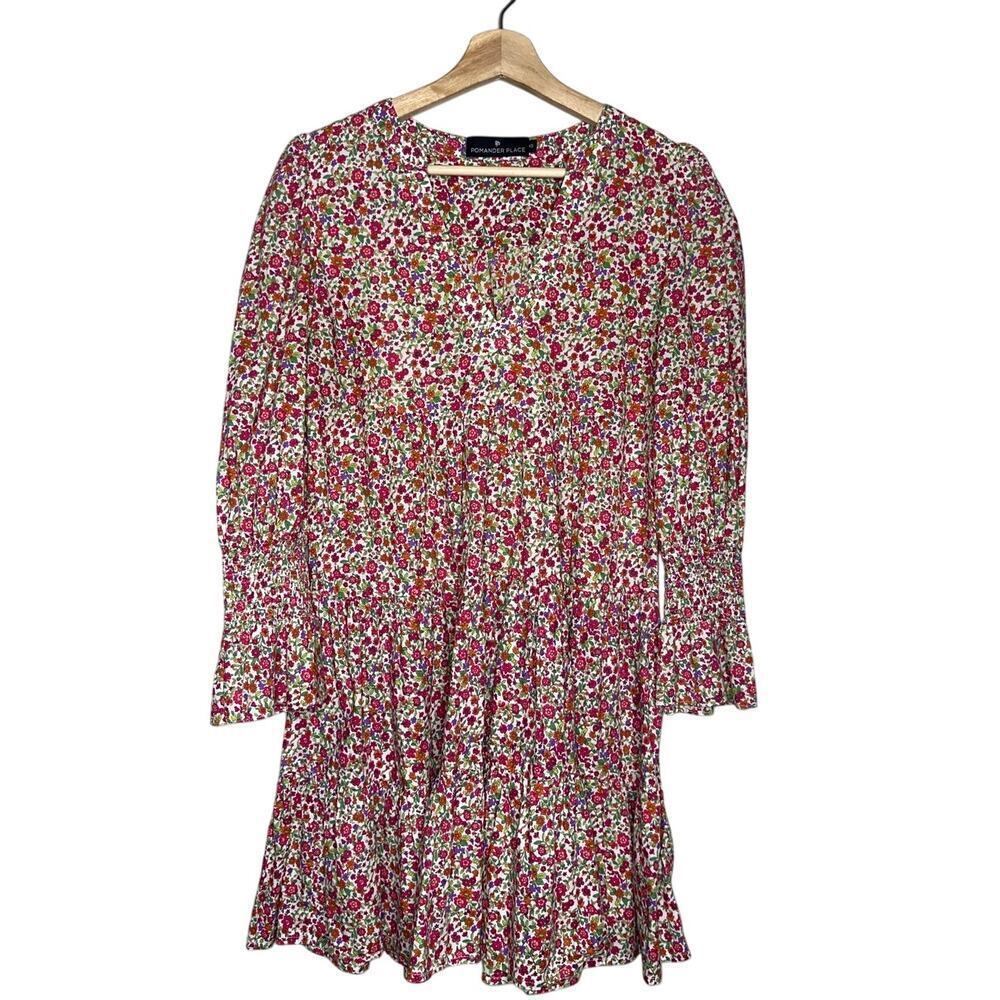 Pomander Place XS Floral Tiered Mini Dress Ditsy Floral Pink Green Cotton
